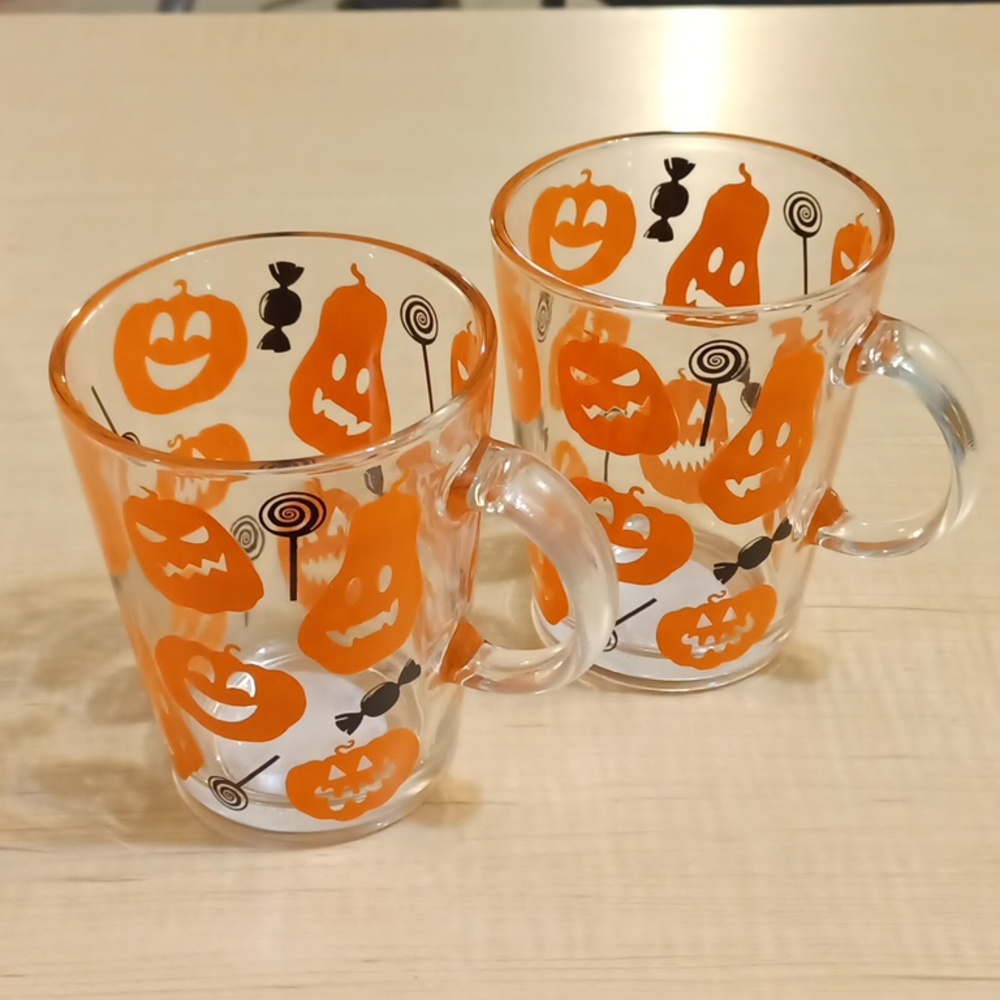 Two Halloween Pumpkin Mug Cup Glass Tumbler